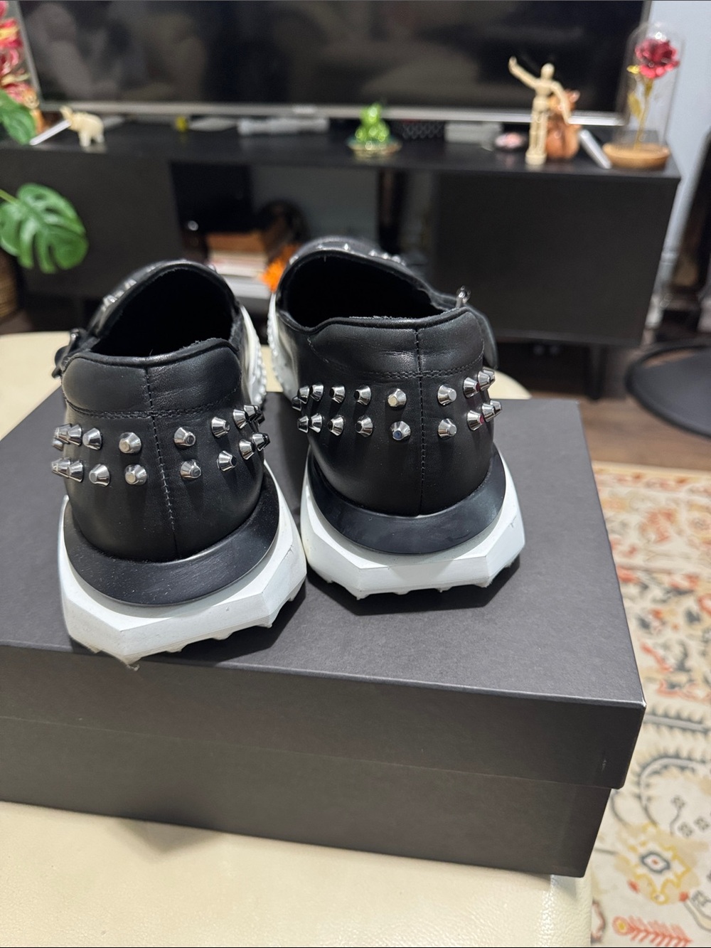 Black Studded Leather Slip-On Sneakers with White Lug Sole - Men - Picture 4 of 7
